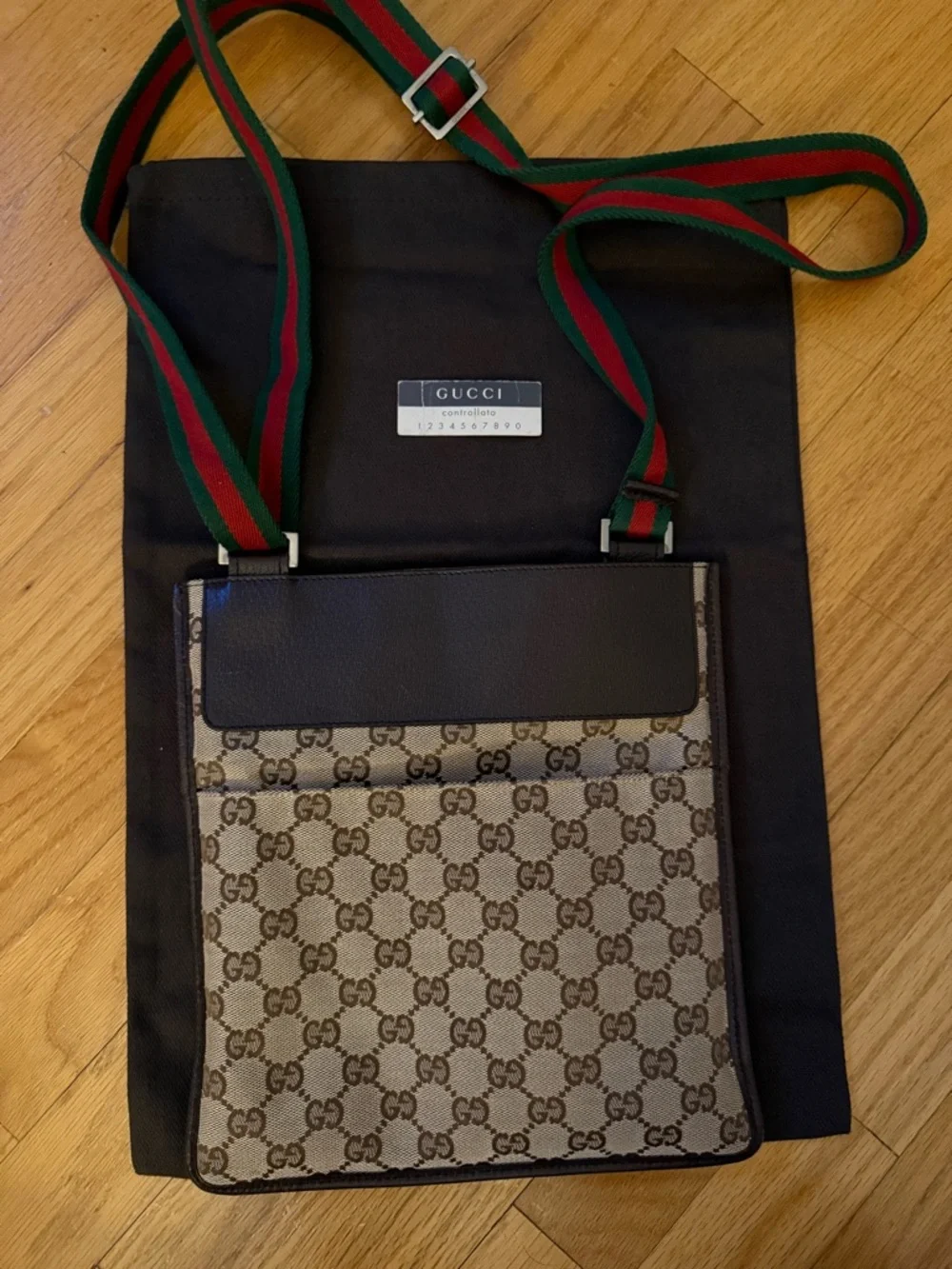 Gucci Brown GG Canvas Messenger with Green-Red Web Strap